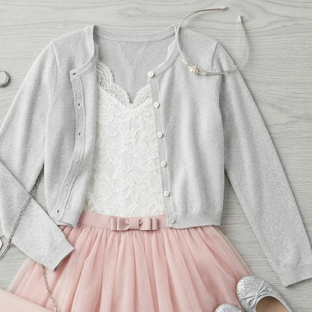 The Childrens Place Girls Silver Metallic Shimmer Button Front Cardigan Sz 10/12